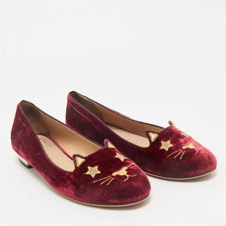 Pre Owned Charlotte Olympia Red Velvet Kitty Smoking Slippers Size 38