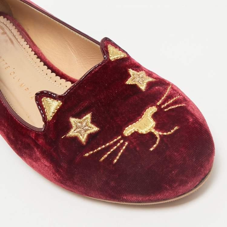 Pre Owned Charlotte Olympia Red Velvet Kitty Smoking Slippers Size 38