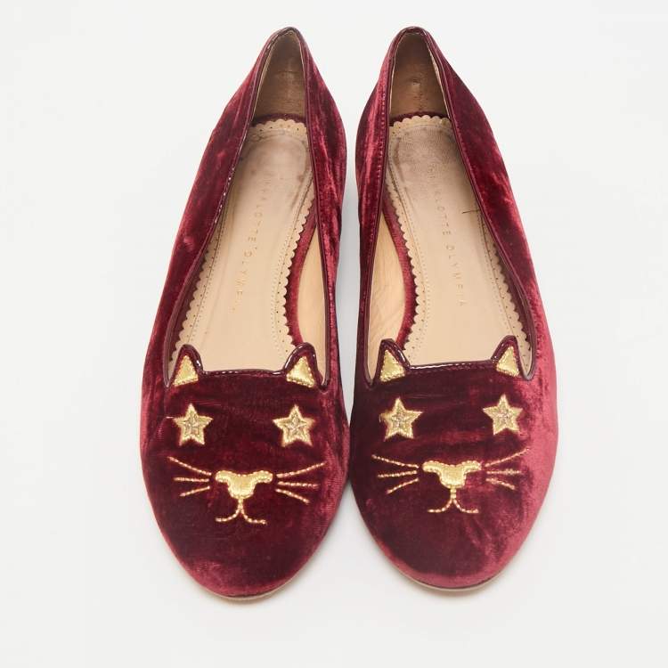 Pre Owned Charlotte Olympia Red Velvet Kitty Smoking Slippers Size 38