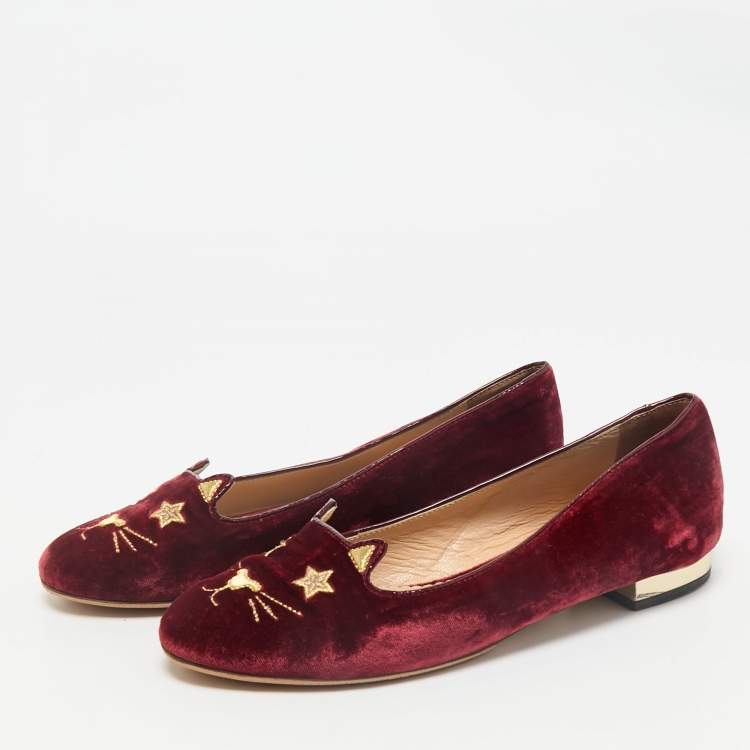 Pre Owned Charlotte Olympia Red Velvet Kitty Smoking Slippers Size 38