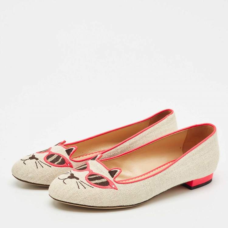 Pre Owned Charlotte Olympia Beige Canvas Smoking Slippers Size 38