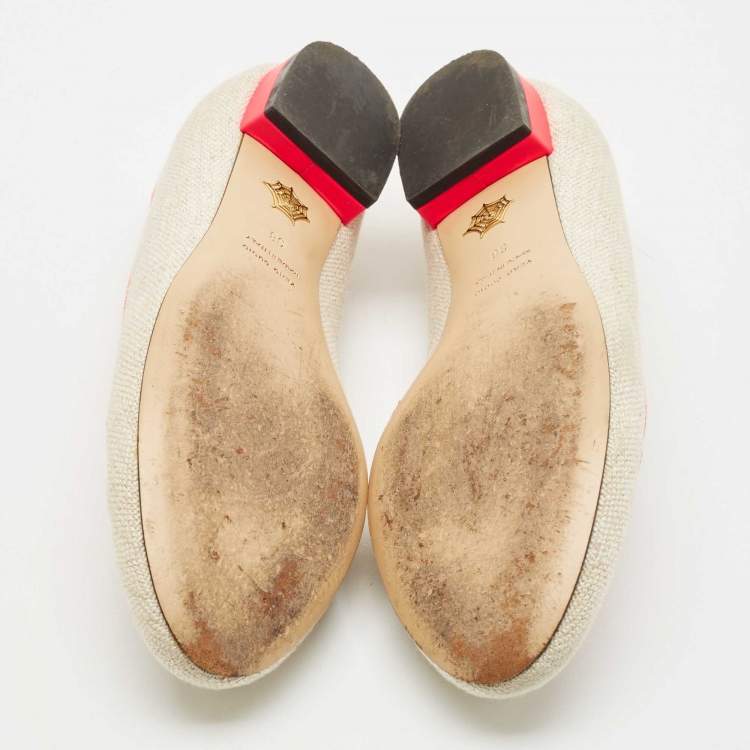 Pre Owned Charlotte Olympia Beige Canvas Smoking Slippers Size 38