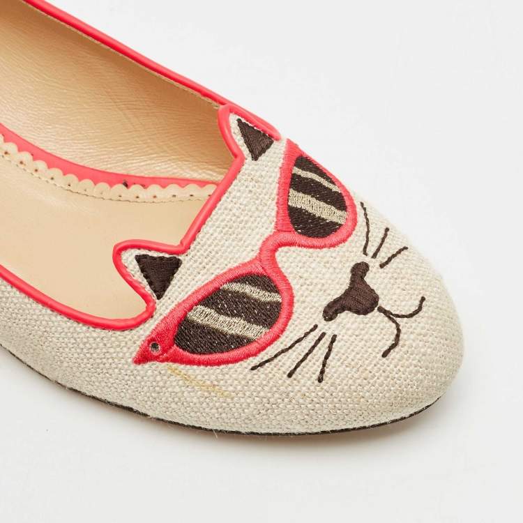 Pre Owned Charlotte Olympia Beige Canvas Smoking Slippers Size 38