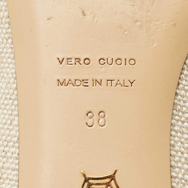 Pre Owned Charlotte Olympia Beige Canvas Smoking Slippers Size 38