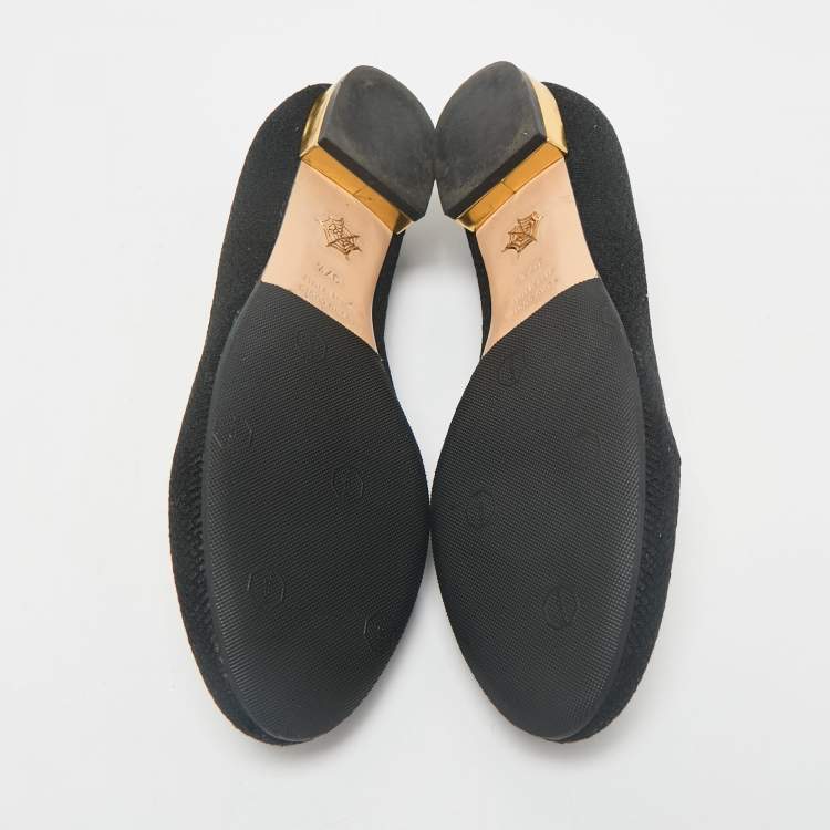 Pre Owned Charlotte Olympia Black Canvas Kitty Smoking Slippers Size 37.5