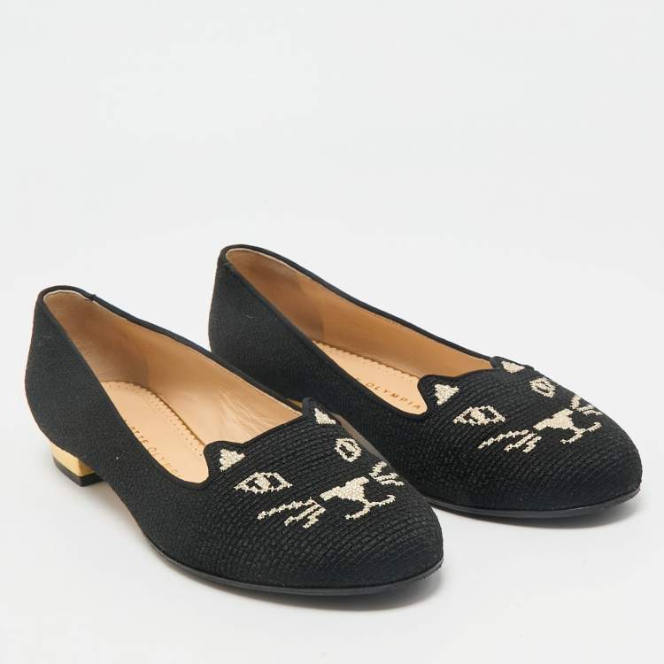 Pre Owned Charlotte Olympia Black Canvas Kitty Smoking Slippers Size 37.5