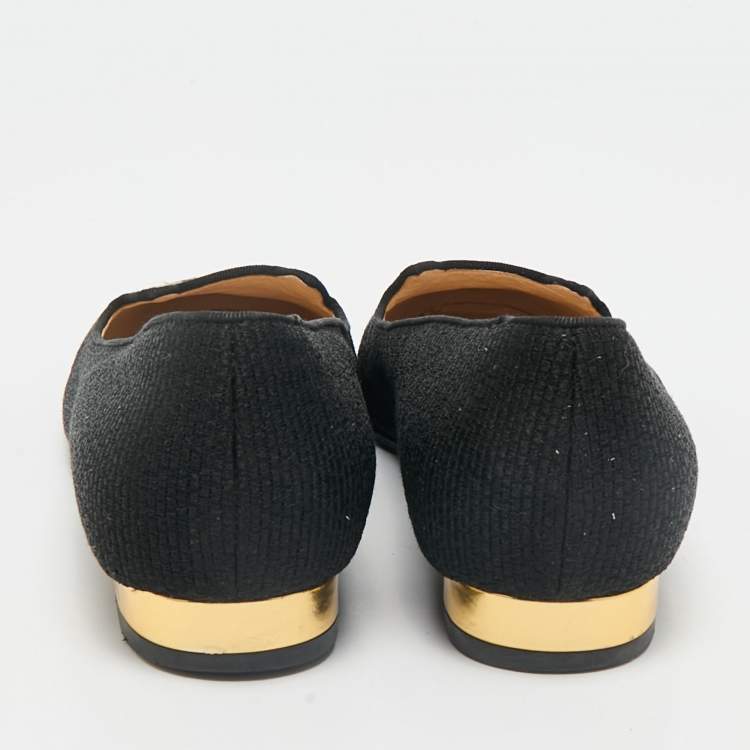 Pre Owned Charlotte Olympia Black Canvas Kitty Smoking Slippers Size 37.5