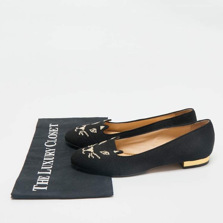 Pre Owned Charlotte Olympia Black Canvas Kitty Smoking Slippers Size 37.5