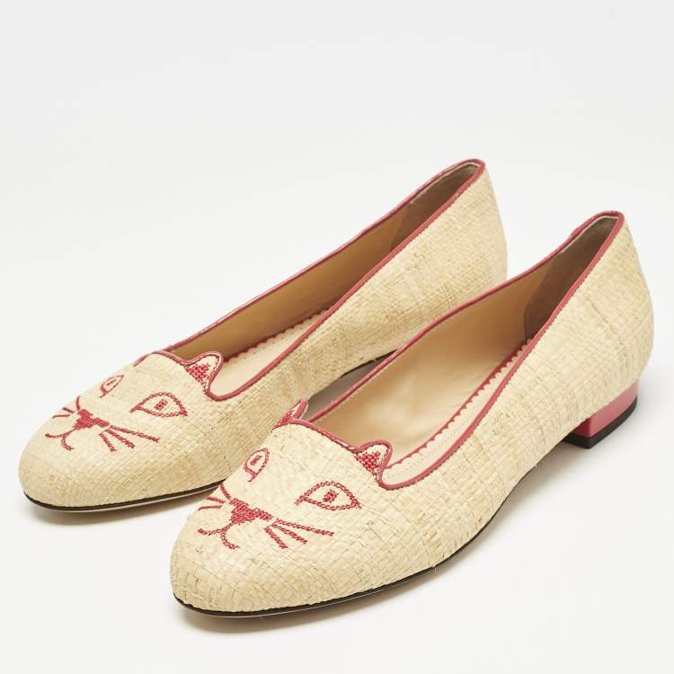 Pre Owned Charlotte Olympia Beige Raffia Kitty Smoking Slippers Size 38