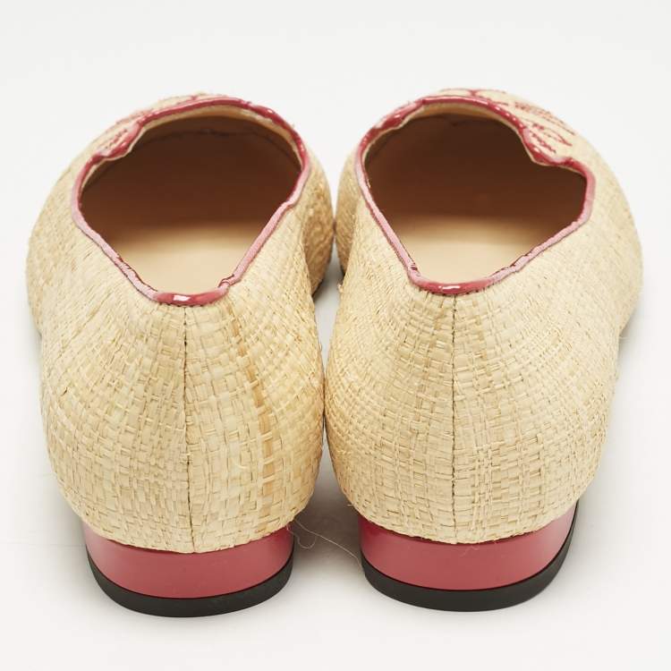 Pre Owned Charlotte Olympia Beige Raffia Kitty Smoking Slippers Size 38