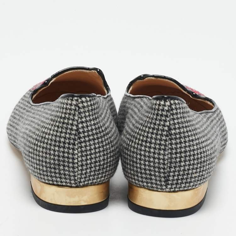 مملوكة مسبقًا Charlotte Olympia Grey Canvas Emoticats Smoking Slippers Size 38