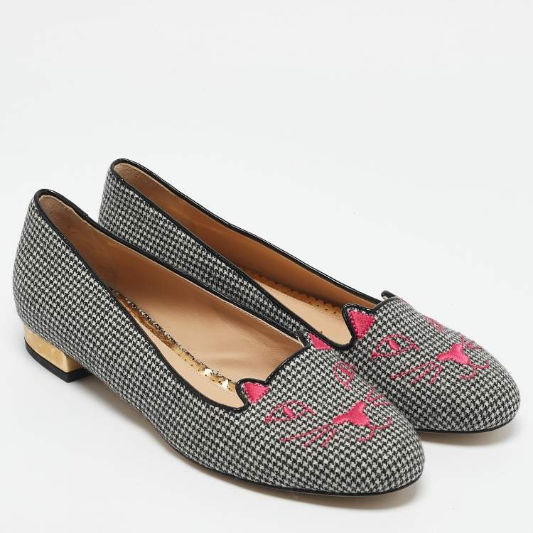 مملوكة مسبقًا Charlotte Olympia Grey Canvas Emoticats Smoking Slippers Size 38