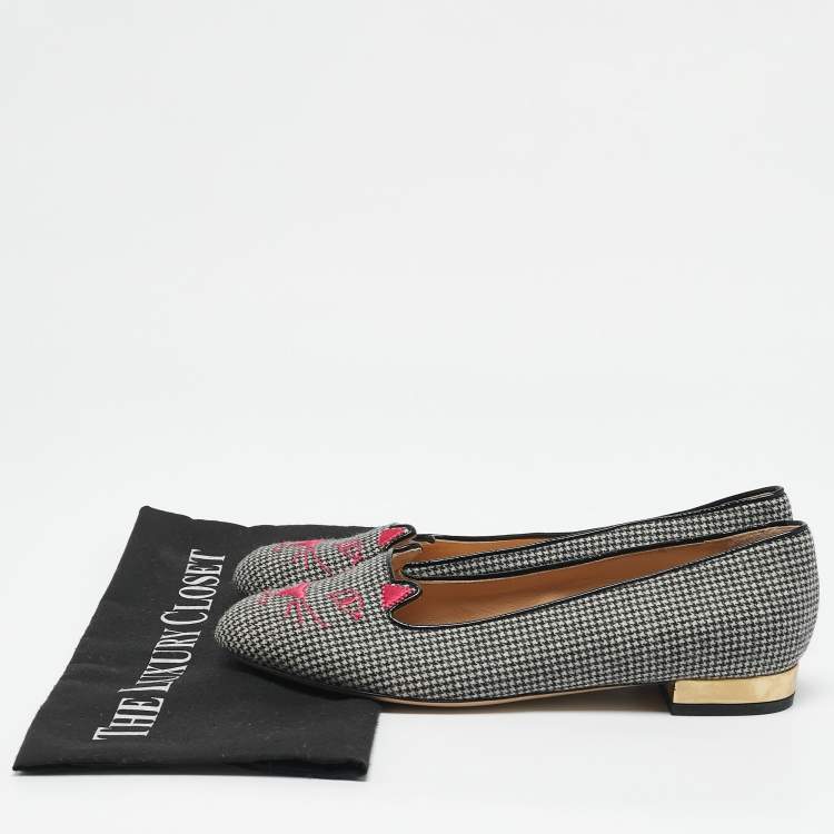 مملوكة مسبقًا Charlotte Olympia Grey Canvas Emoticats Smoking Slippers Size 38