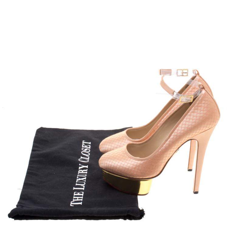 Pre Owned Charlotte Olympia Peach Quilted Satin Dolores Ankle Strap Platform Pumps Size 39