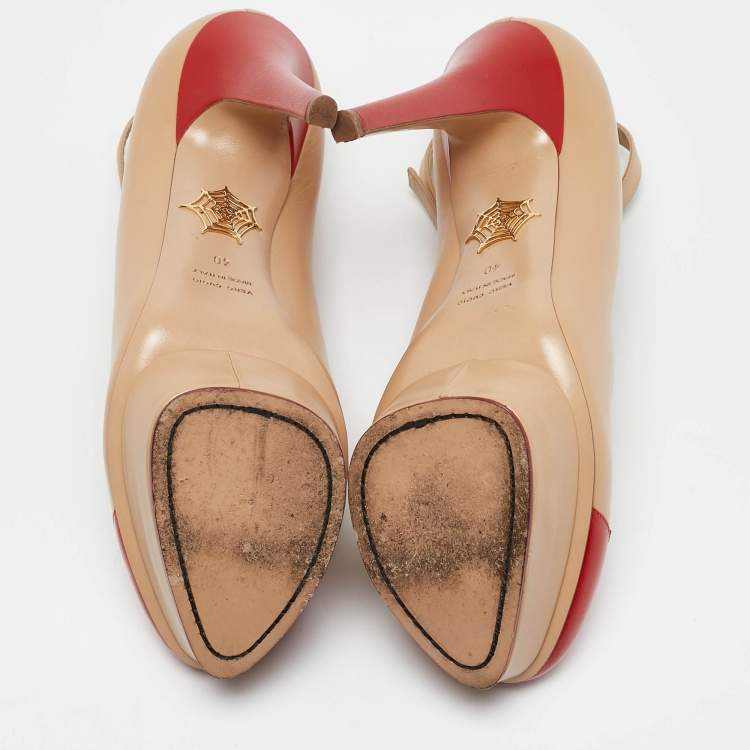 Pre Owned Charlotte Olympia Beige/Red Leather Kiss Me Dolores! Pumps Size 40