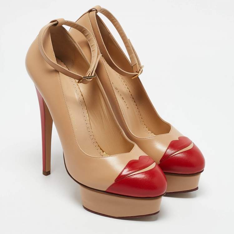 Pre Owned Charlotte Olympia Beige/Red Leather Kiss Me Dolores! Pumps Size 40