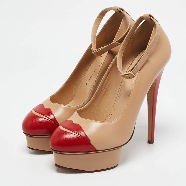 Pre Owned Charlotte Olympia Beige/Red Leather Kiss Me Dolores! Pumps Size 40