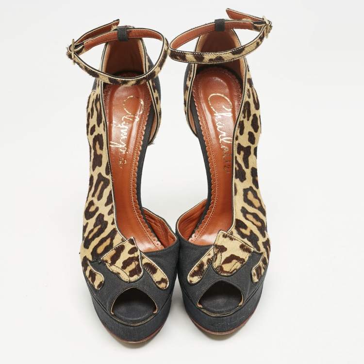 Pre Owned Charlotte Olympia Black/Brown Calfhair and Fabric Leopard D'orsay Pumps Size Size 41