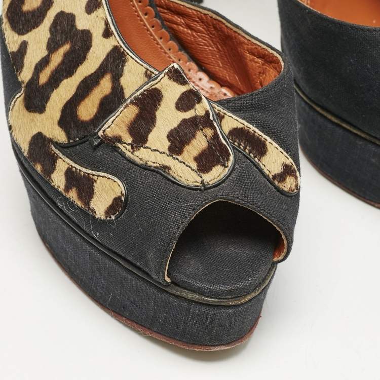 Pre Owned Charlotte Olympia Black/Brown Calfhair and Fabric Leopard D'orsay Pumps Size Size 41