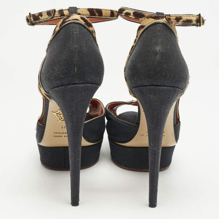 Pre Owned Charlotte Olympia Black/Brown Calfhair and Fabric Leopard D'orsay Pumps Size Size 41
