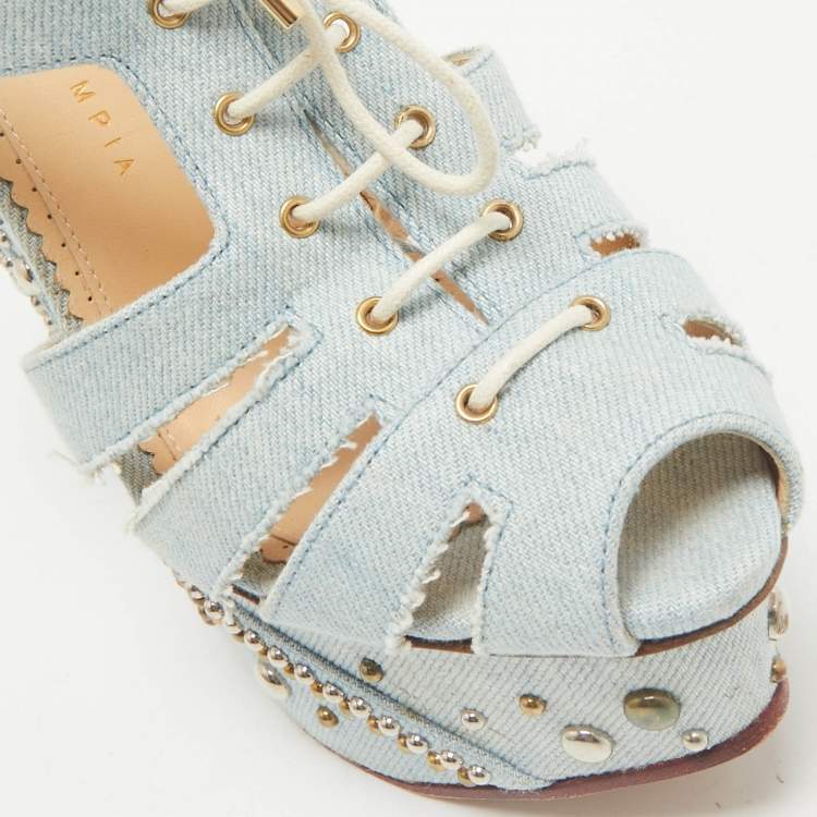 Pre Owned Charlotte Olympia Blue Denim Studded Cut Out Wedge Platform Sandals Size 38