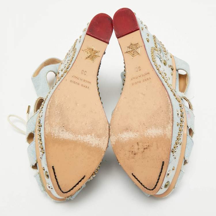Pre Owned Charlotte Olympia Blue Denim Studded Cut Out Wedge Platform Sandals Size 38