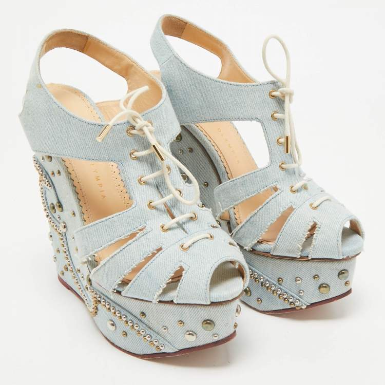 Pre Owned Charlotte Olympia Blue Denim Studded Cut Out Wedge Platform Sandals Size 38