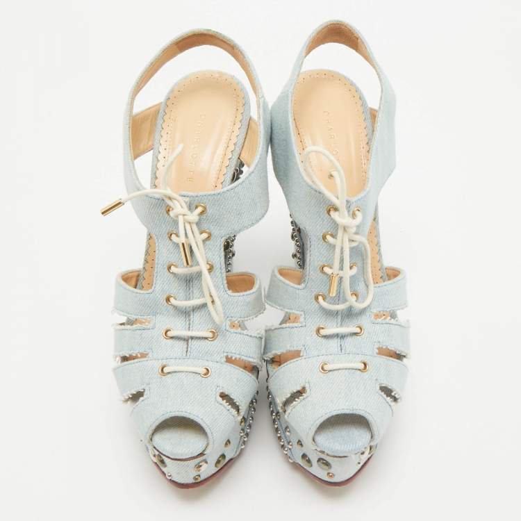 Pre Owned Charlotte Olympia Blue Denim Studded Cut Out Wedge Platform Sandals Size 38