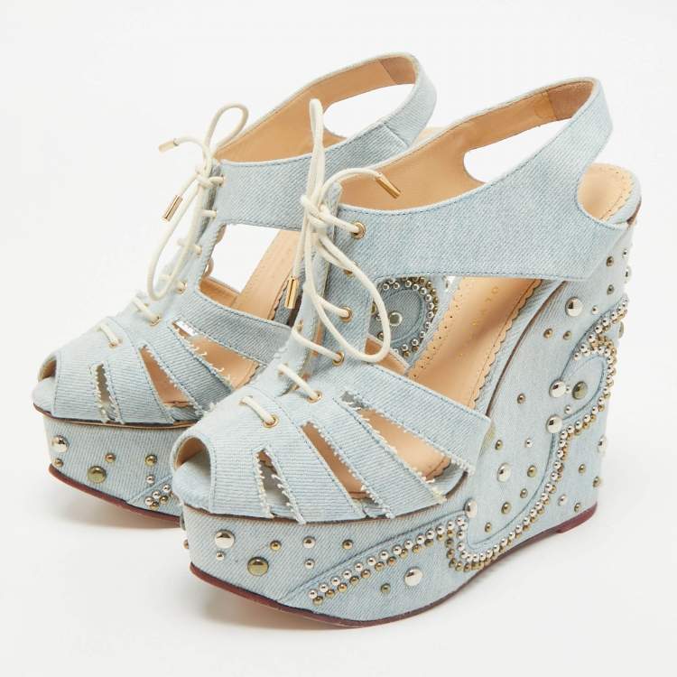 Pre Owned Charlotte Olympia Blue Denim Studded Cut Out Wedge Platform Sandals Size 38