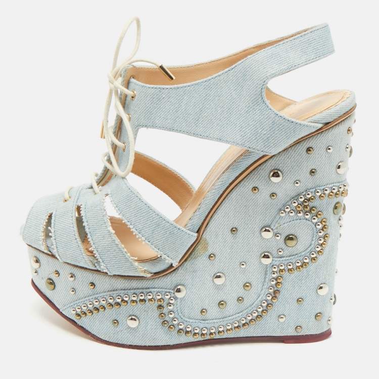 Pre Owned Charlotte Olympia Blue Denim Studded Cut Out Wedge Platform Sandals Size 38