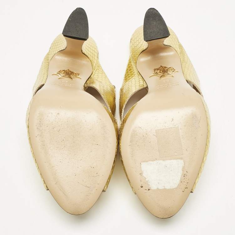 Pre Owned Charlotte Olympia Gold Snakeskin Embossed Patent Leather Cut Out Slide Sandals Size 38