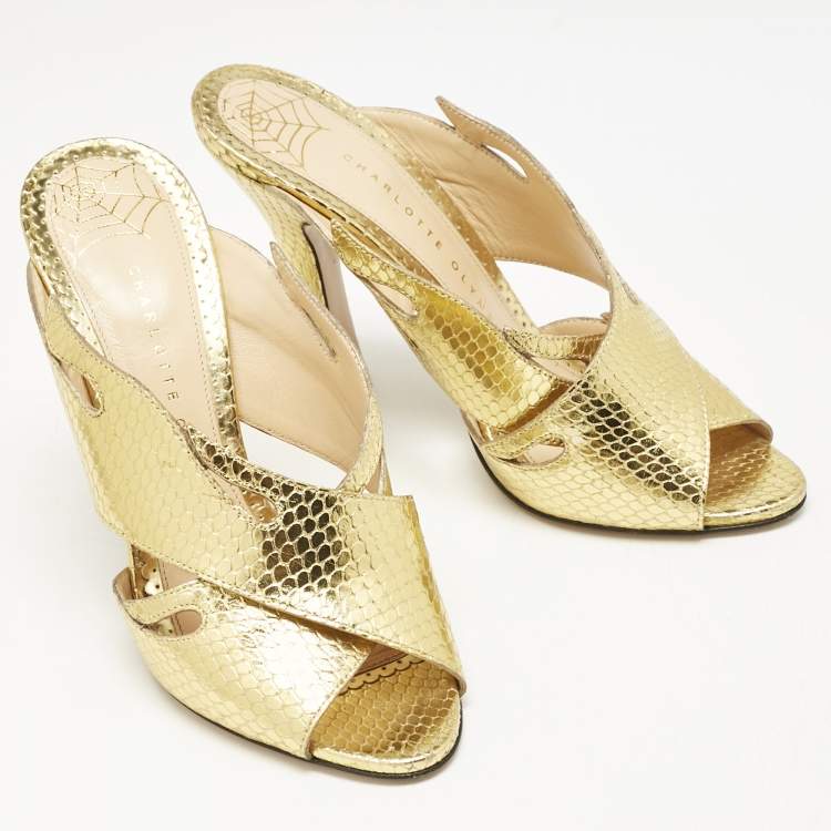 Pre Owned Charlotte Olympia Gold Snakeskin Embossed Patent Leather Cut Out Slide Sandals Size 38