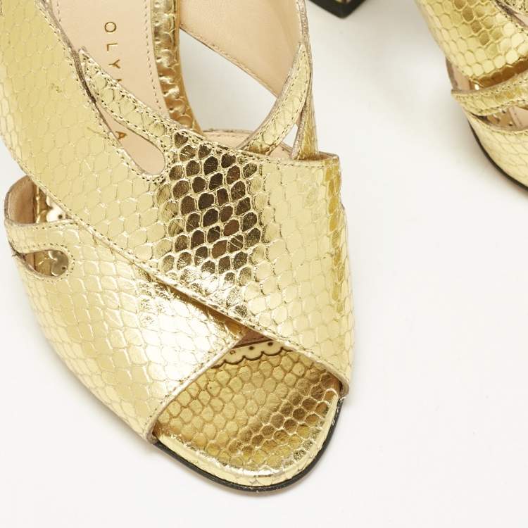 Pre Owned Charlotte Olympia Gold Snakeskin Embossed Patent Leather Cut Out Slide Sandals Size 38