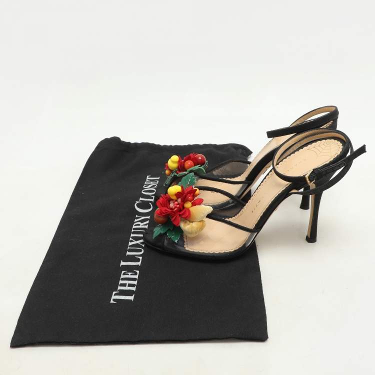 Pre Owned Charlotte Olympia Black Canvas Trims And PVC Tropicana Ankle Strap Sandals Size 39