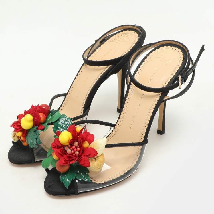 Pre Owned Charlotte Olympia Black Canvas Trims And PVC Tropicana Ankle Strap Sandals Size 39