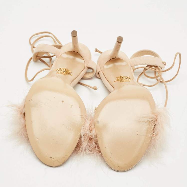 Pre Owned Charlotte Olympia Peach Suede and Fur Trim Salsa Ankle Strap Sandals Size 39.5