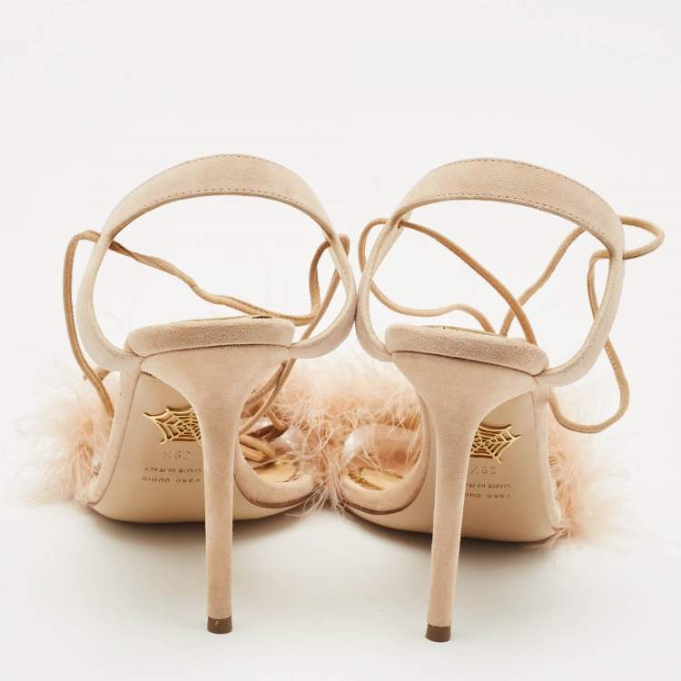 Pre Owned Charlotte Olympia Peach Suede and Fur Trim Salsa Ankle Strap Sandals Size 39.5