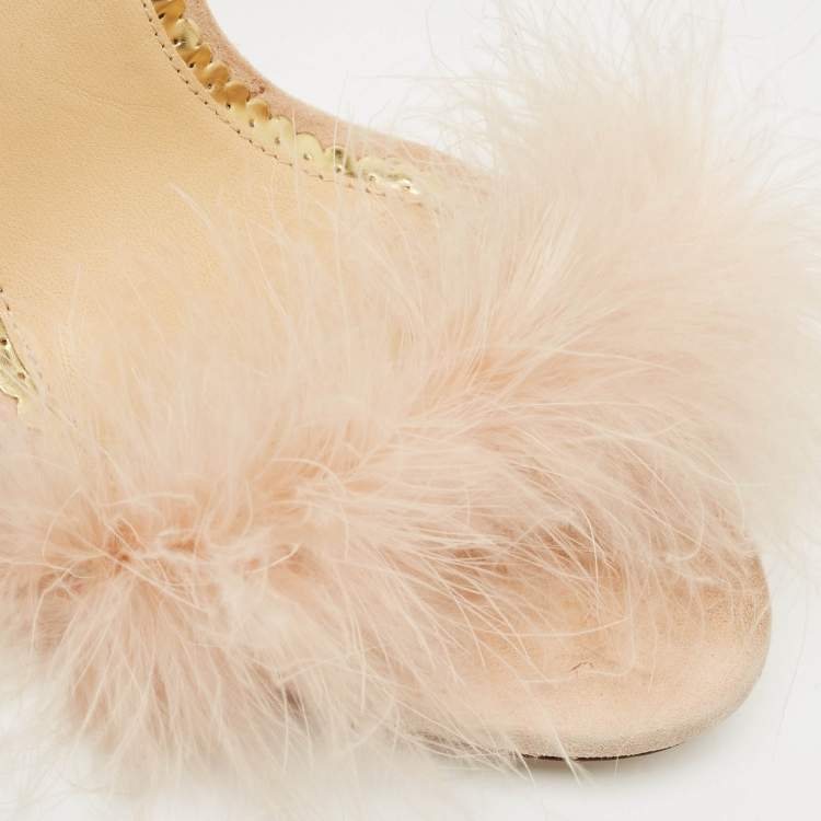 Pre Owned Charlotte Olympia Peach Suede and Fur Trim Salsa Ankle Strap Sandals Size 39.5