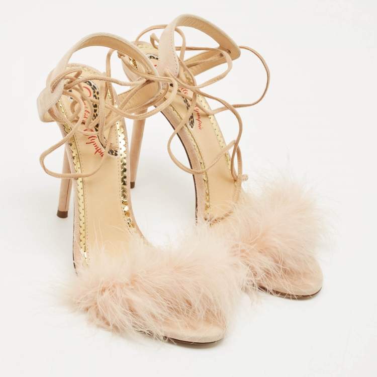 Pre Owned Charlotte Olympia Peach Suede and Fur Trim Salsa Ankle Strap Sandals Size 39.5