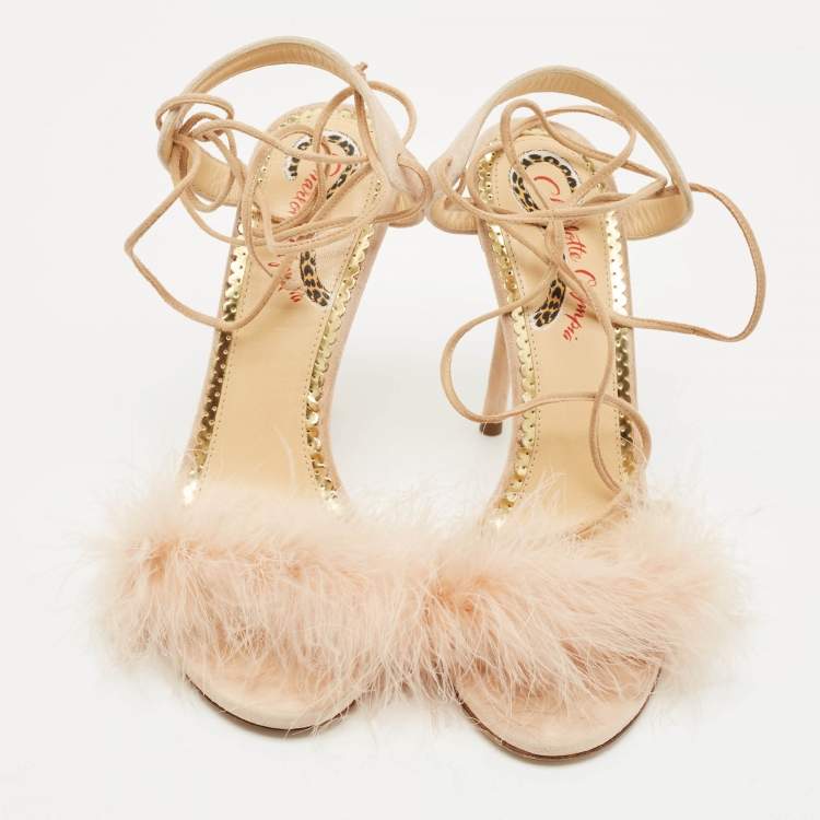 Pre Owned Charlotte Olympia Peach Suede and Fur Trim Salsa Ankle Strap Sandals Size 39.5