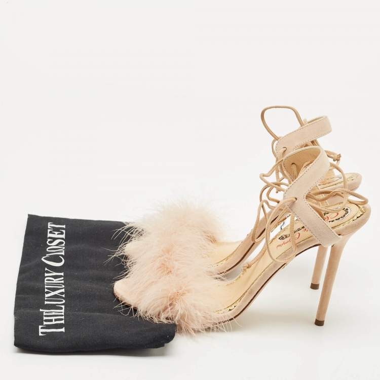 Pre Owned Charlotte Olympia Peach Suede and Fur Trim Salsa Ankle Strap Sandals Size 39.5