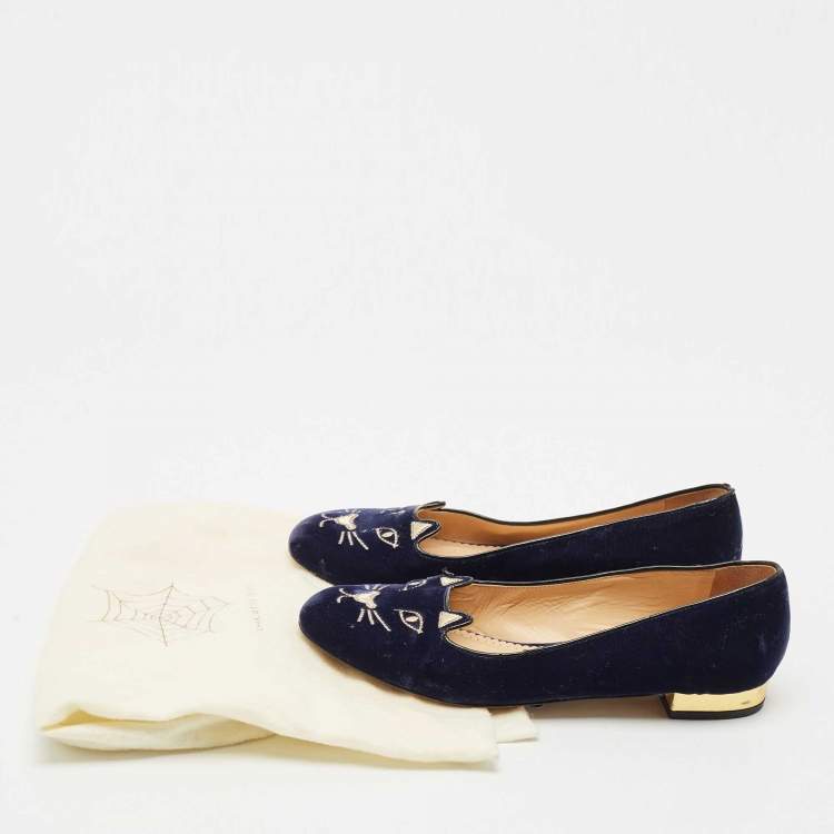 Pre Owned Charlotte Olympia Navy Blue Velvet Kitty Ballet Flats Size 39