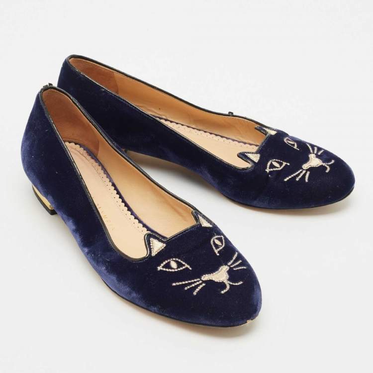 Pre Owned Charlotte Olympia Navy Blue Velvet Kitty Ballet Flats Size 39