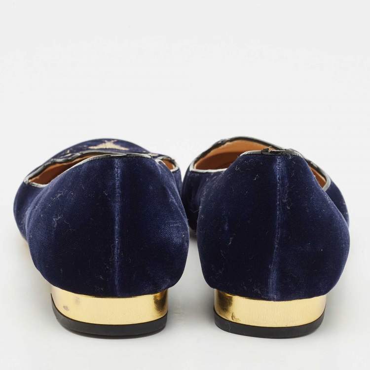 Pre Owned Charlotte Olympia Navy Blue Velvet Kitty Ballet Flats Size 39