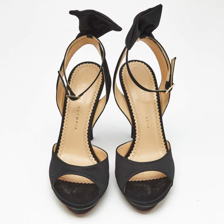 Pre Owned Charlotte Olympia Black Satin Wallace Ankle Strap Sandals Size 36