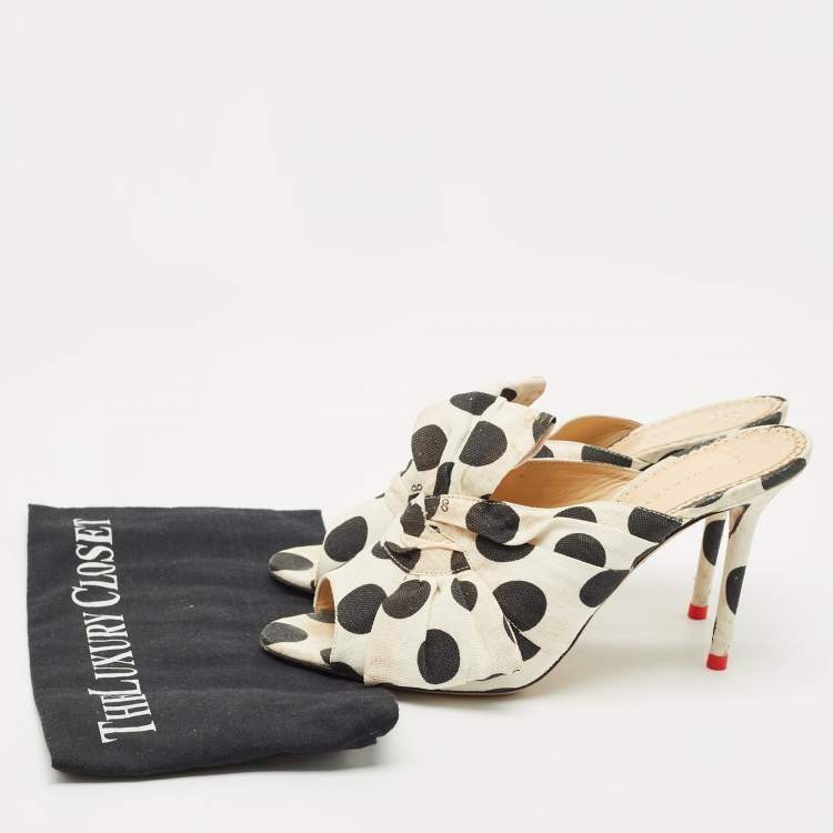 Pre Owned Charlotte Olympia White/Black Polka Canvas Bow Slide Sandals Size 40.5
