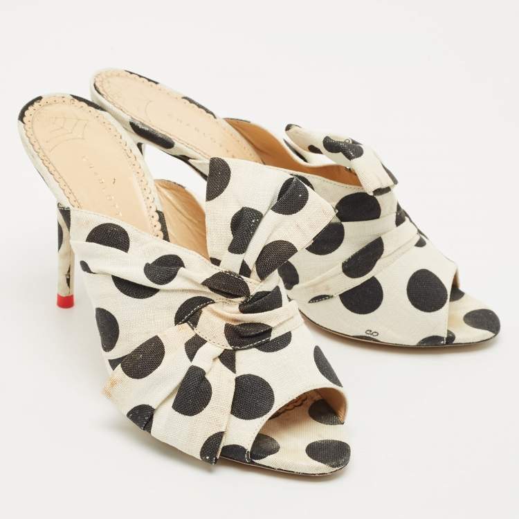 Pre Owned Charlotte Olympia White/Black Polka Canvas Bow Slide Sandals Size 40.5