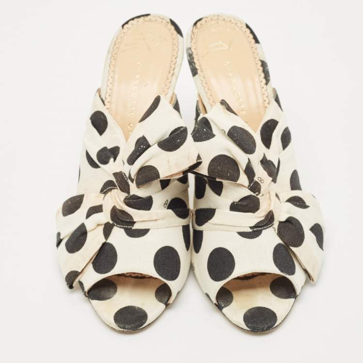 Pre Owned Charlotte Olympia White/Black Polka Canvas Bow Slide Sandals Size 40.5