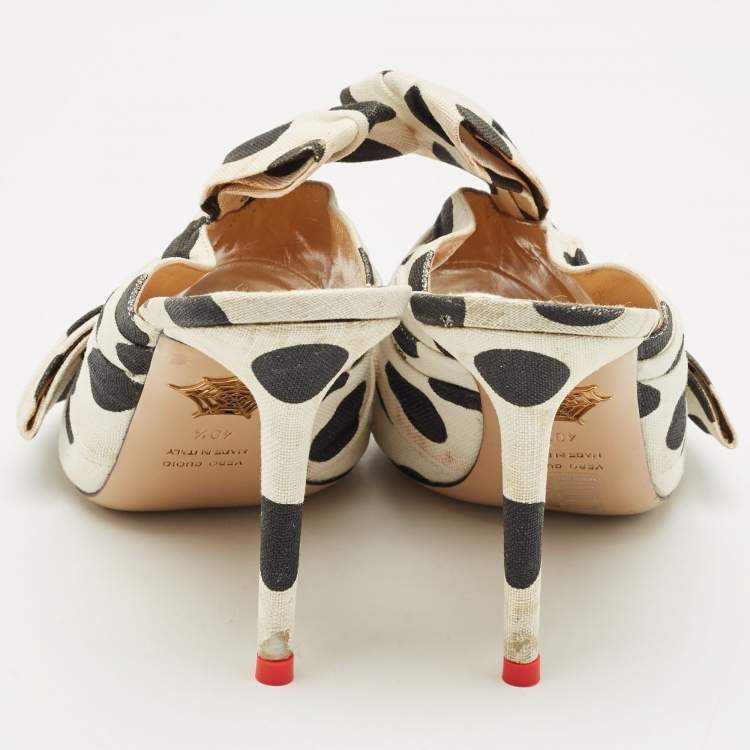 Pre Owned Charlotte Olympia White/Black Polka Canvas Bow Slide Sandals Size 40.5