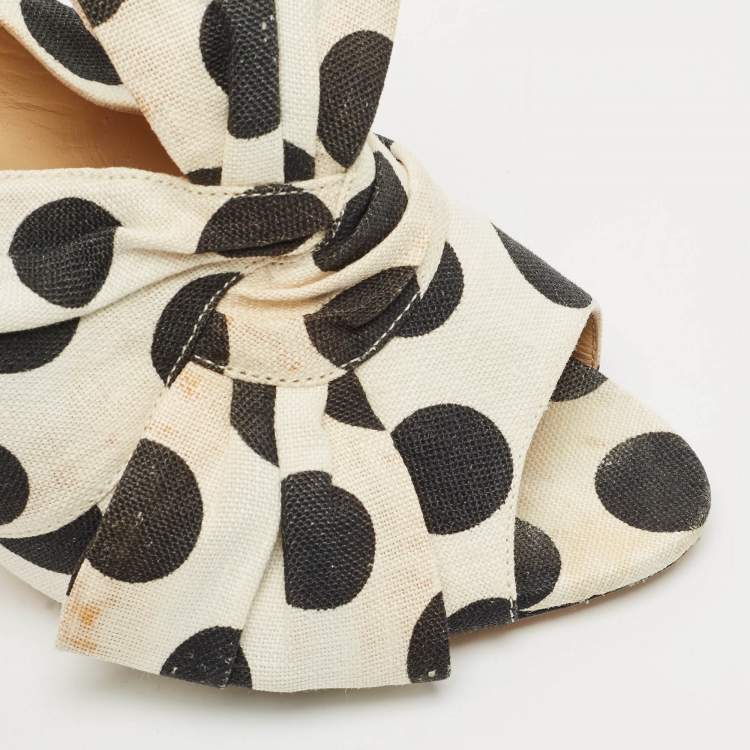 Pre Owned Charlotte Olympia White/Black Polka Canvas Bow Slide Sandals Size 40.5